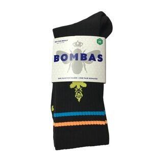 BOMBAS Crew Socks Unisex Size Medium Black Yellow Bee Better Stripe Blue Orange